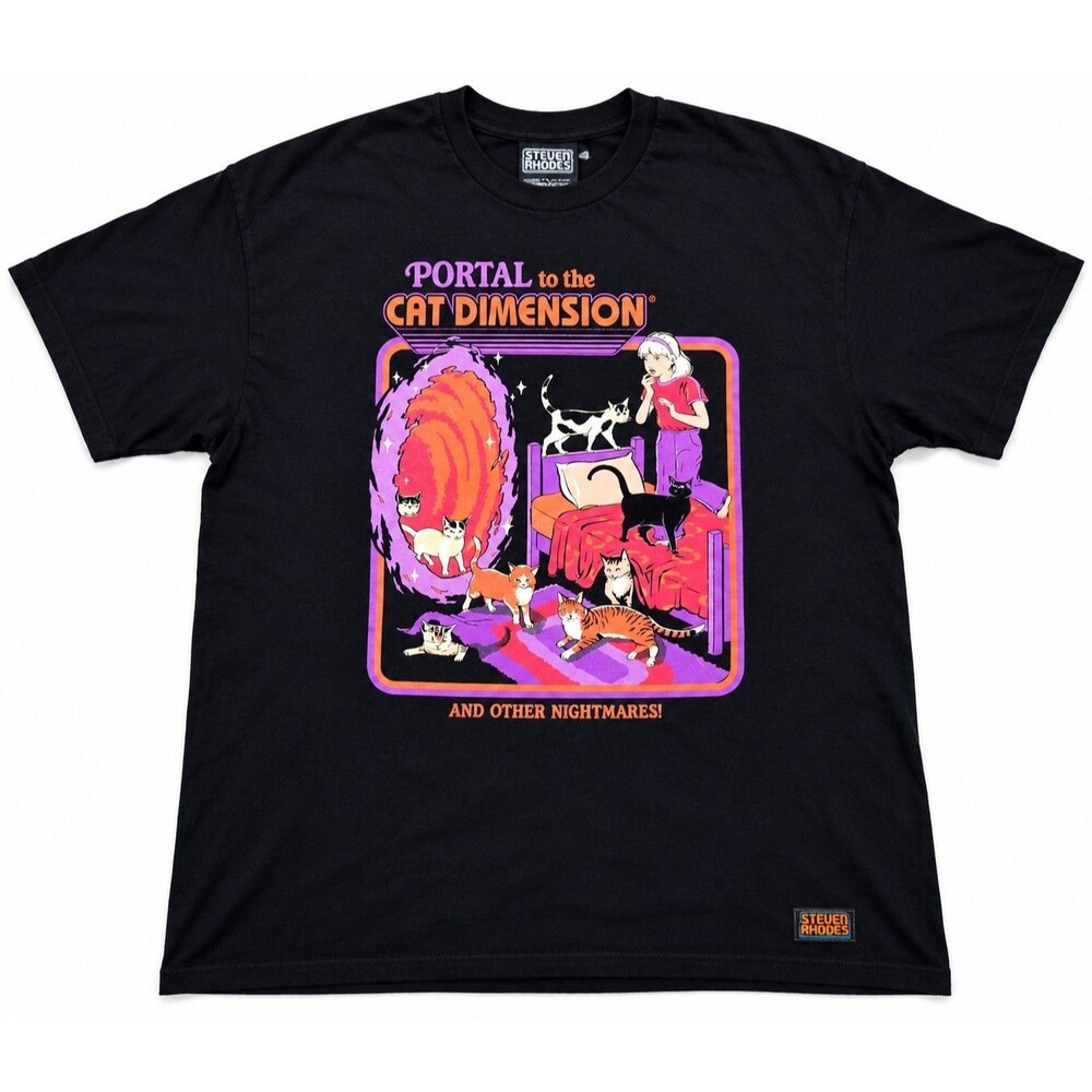 Mens Steven Rhodes Portal To The Cat Dimension Graphic T Shirt Black XXL 2XL